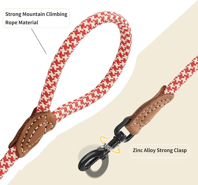Mile High Life | Mountain Climbing Dog Rope Leash with Heavy Duty Metal Sturdy Clasp | Genuine Leather Tailored Connection with Strong Stitches (Red Khaki1, 60 Inch (Pack of 1))
