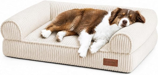 FUKUMARU Cute Dog Bed, Thickened Orthopedic Dogs Couch, 36in Egg Crate Foam Pet Sofa for Medium to Large Dogs, Waterproof Warm Corduroy Pet Bed with Washable Cover, Cream