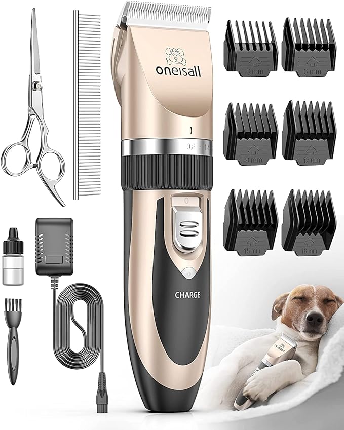 oneisall Dog Clippers Low Noise, Dog Grooming Kit with Rechargeable, Pet Shaver Cordless Electric Quiet Hair Clipper Set for Dogs Cats Pets（Gold）