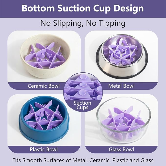 Silicone Dog Slow Feeder Bowl Insert with Suction Cups, Cuttable Food-Grade Lick Mat Divider Fits Stainless Steel Ceramic Glass Dog Bowls, Helps Slow Down Eating, Purple