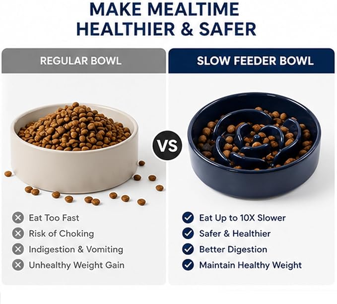 Slow Feeder Dog Bowls, Ceramic Slow Feeding Bowl for Small and Medium Breed, Anti Choking Puzzle Dog Food Bowl with Non-Slip Base for Fast Eater (Blue, S-0.6CUP)