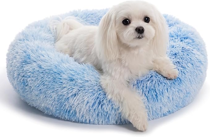 Calming Donut Dogs Beds for Small Dogs Washable,23inch Plush Round Pet Bed for Cozy Sleep,Fluffy Faux Fur Large Cat Bed,Fits up to 25 lbs Pets,Gradient Blue