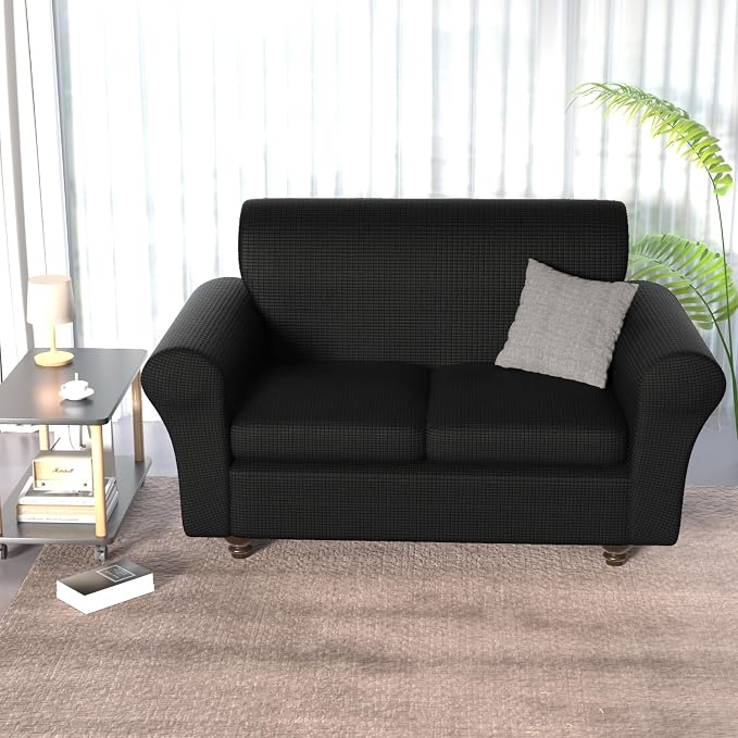Stretch Couch Covers for 2 Separate Cushion Couch Sofa -Living Room Couch Sofa Cover,Washable Sofa Slipcover,Pet Friendly Furniture Protector with Elastic Bottom,Universal Fit for Home(Black,Loveseat)