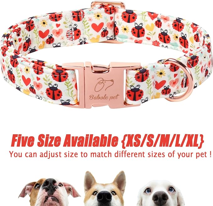 Cute Dog Collar for Medium Dogs - Red Ladybug & Blooms Dog Collars, Adjustable Heavy Duty Pet Collar for Dog Moms & Kids with Metal Buckle M