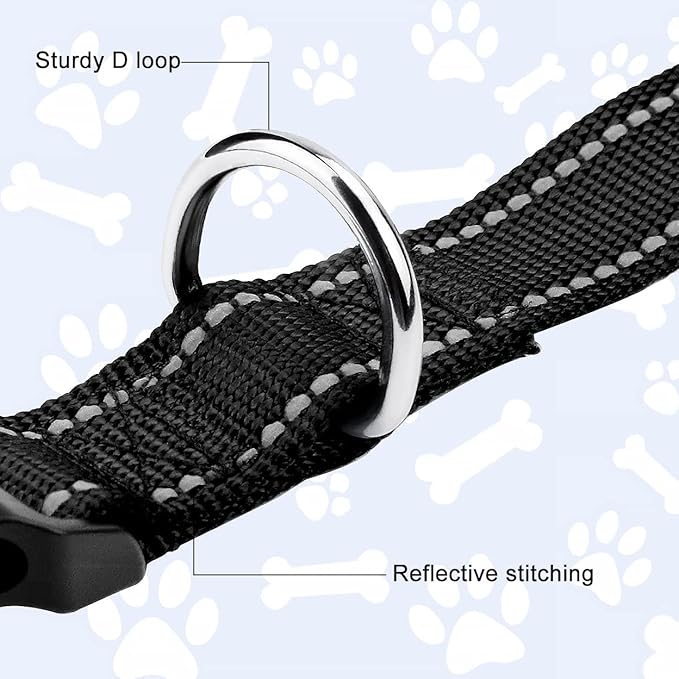 FunTags Length 14" - 20" Reflective Back Dog Collar for Medium Dogs – Night Walking & Training Safety, Durable Quick Release Buckle, Nylon, Comfortable Adjustable, Width 1"