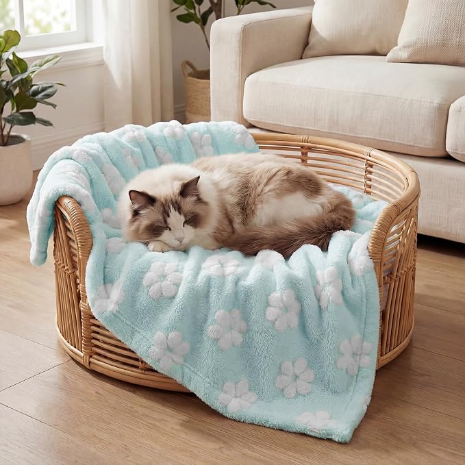 Horaldaily Pets Flannel Blanket, Blue Flowers 3D Textured Soft Fuzzy Fluffy Plush Cozy Fleece Premium Blankets for Dog Cat Puppy Kitten Couch Protection, 16x23