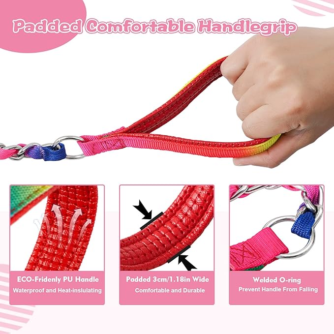 Heavy Duty Metal Dog Chain Leash with Comfortable PU Leather Padded Handle, Chew Proof for Medium Large Pooch Walking Training (4FT 3.0mm Colorful)