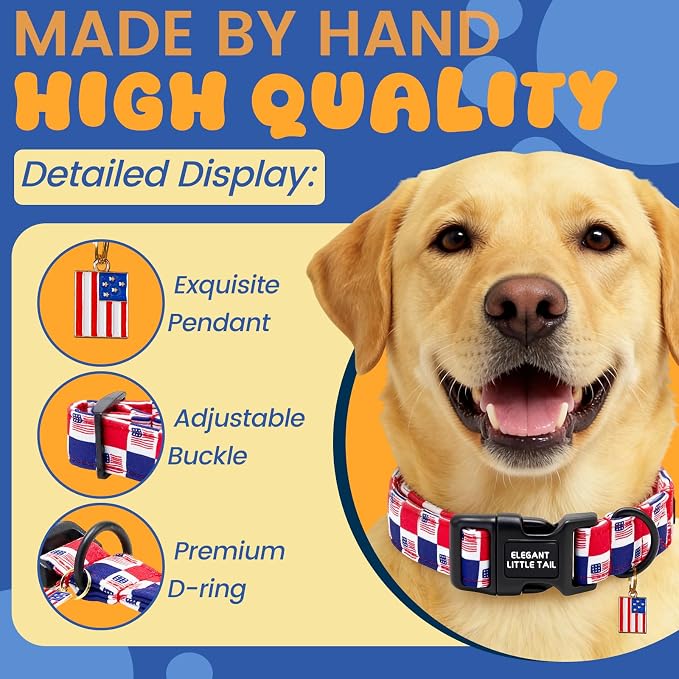Elegant Little Tail 4th of July Dog Collar with Pendant, American Dog Collars Patriotic Red White Blue Pattern, Sturdy Quick-Release Plastic Buckle Adjustable Pet Collar for Large Dogs
