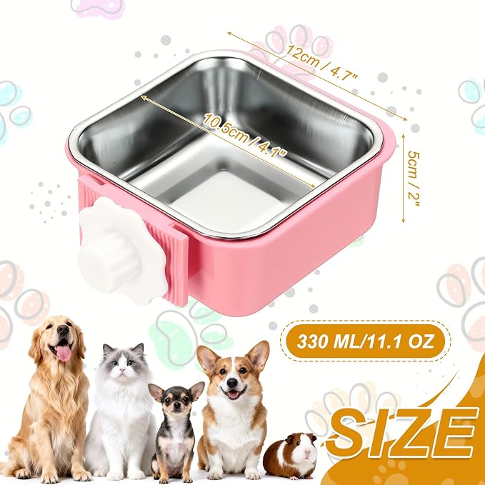 Crate Dog Bowl, Removable Stainless Steel Pet Cage Hanging Anti-Overturn Food Water Feeder Cage Cup (Square, Pink, 11.1oz), Intended for Puppies/Cat/Rabbit/Bird