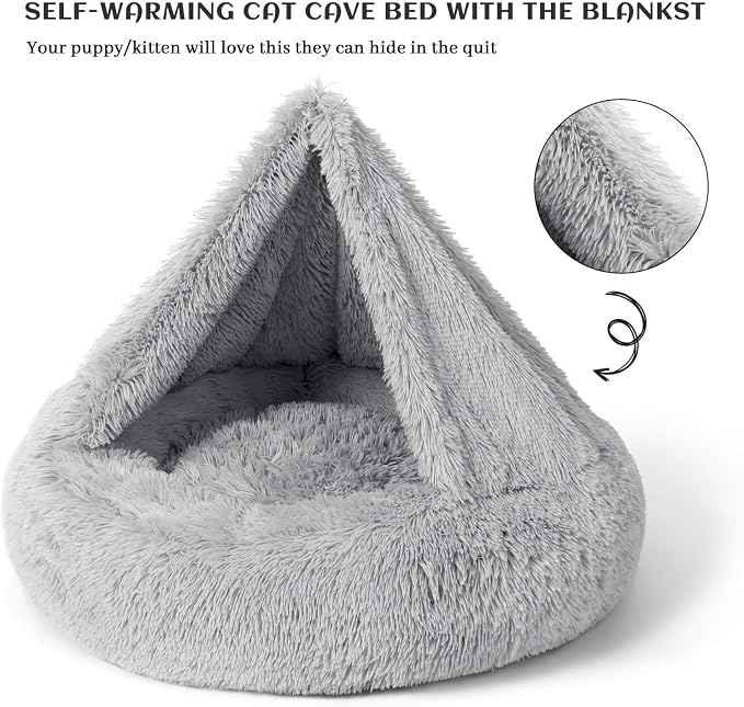 Calming Donut Dog Bed with Hooded Blanket – Plush Fluffy Cave Bed for Small & Medium Dogs, Machine Washable Anti-Anxiety Pet Bed for Cats