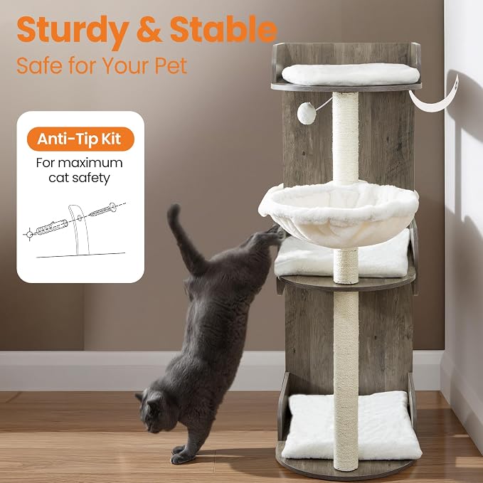 Modern Wood Cat Tree Tower for Indoor Large Cats, Cat Scratching Posts with Big Perch Bed, 44.8" Tall Multi-Level Wooden Cat Condo with Hammock, Removable Pads, Kitty Furniture, Greigy