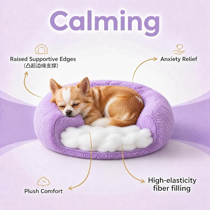 Tiny Dog Bed 15 Inch for Extra Small Dogs,Washable Puppy Bed,Soft Faux Fur Calming Donut Bed for Chihuahua Yorkie Maltese Pomeranian,Purple