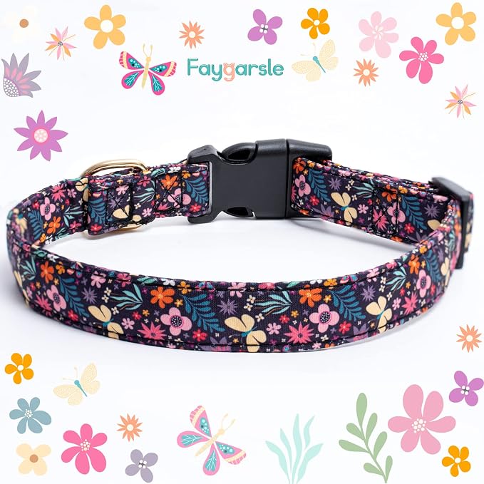 Faygarsle Cotton Designer Dogs Collar Cute Flower Dog Collars for Girl Female Small Medium Large Dogs with Purple Flower Charms M