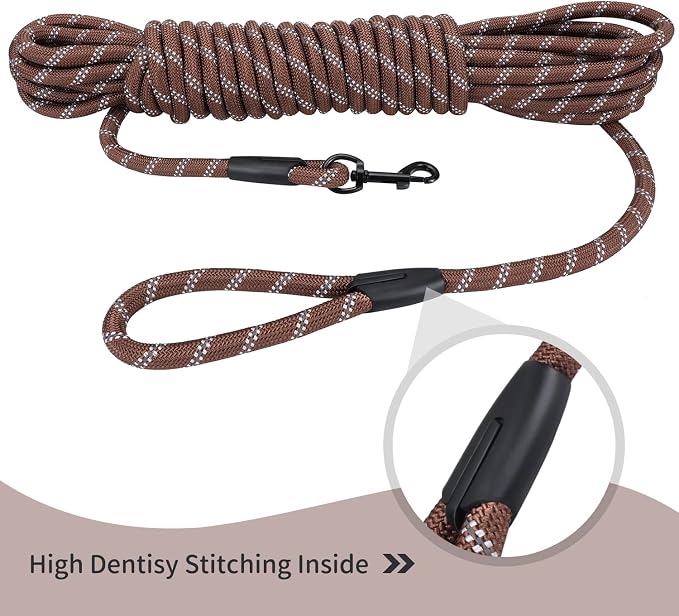 Long Dog Leash for Training 20Ft-Reflective Nylon Rope with Swivel Hook-Recall Agility Lead for Large Small Medium Dogs Outside Walking Hiking-Brown