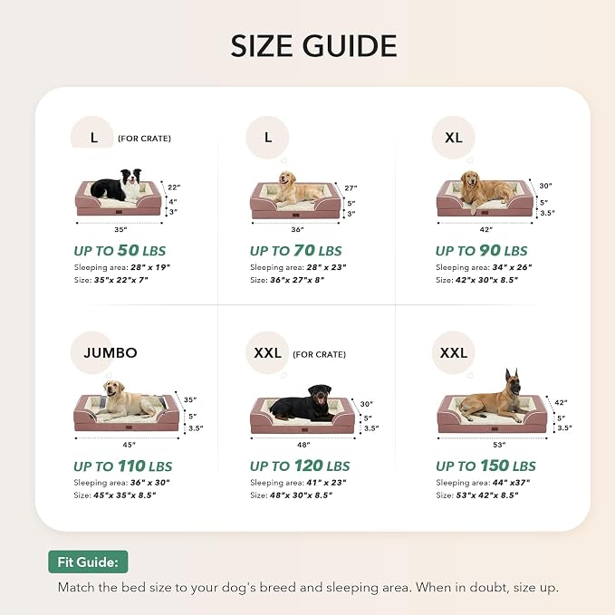 Orthopedic Dog Beds for Extra Large Sized Dogs 53x42 Inch, XXL Waterproof Egg Crate Foam Dog Sofa Bed with Removable Washable Cover Big Pet Couch with Bolster & Non-Slip Bottom, Pink