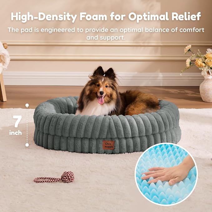 ChiXnuggle Orthopedic Dog Bed for Medium Dogs, Waterproof Faux Rabbit Fur Dog Couch with Egg Crate Foam Support and Washable Removable Cover, Bolster Pet Sofa with Non-Slip Bottom, 30x24x7, Grey