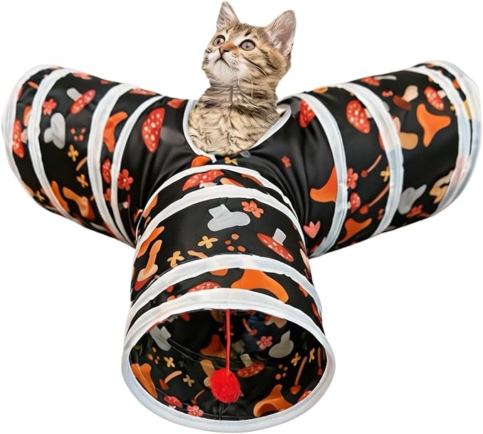 3 Way Cat Tunnel Collapsible Fun Pet Play Tube Toys for Cats, Kittens, Puppies & Rabbits - Portable Tunnel with Hanging Ball for Indoor Play, Hideout & Exercise