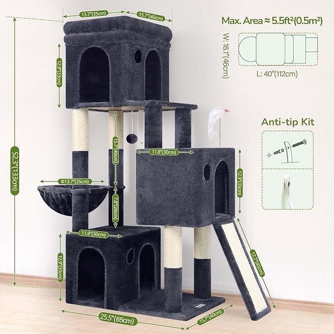 Globlazer Heavy Duty Cat Tree for Indoor Cats Large Adult, F52B, Dark Grey | 3 Condos, Extra-Large Baseboard, Removable Top Perch, 4 Sisal Posts & Board, Hanging Basket, Anti-Topple Strap, Easy Setup