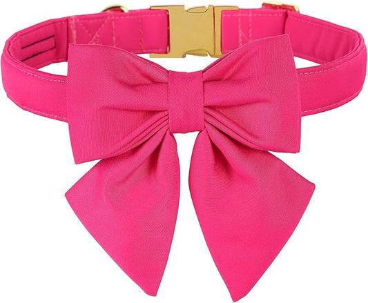 Maca Bates Hot Pink Dog Collar with Cute Rose Red Solid Sailor Bow Tie,Extra Large Girl Boy Dogs,Girly Adjustbale Durable Breakaway Soft Collars with Bowtie for Female Male Puppy,Pet with Metal Buckle