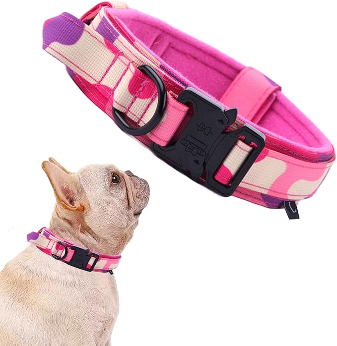 Tactical Dog Collar Adjustable Military Nylon Dog Collar with Control Handle and Heavy Duty Metal Buckle for Medium and Large Dogs (Pink Camo,S)