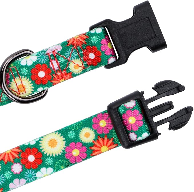 Girl Dog Collars Summer Daisy Flower Pattern, Female Adjustable Collar for Puppy, Small, Green