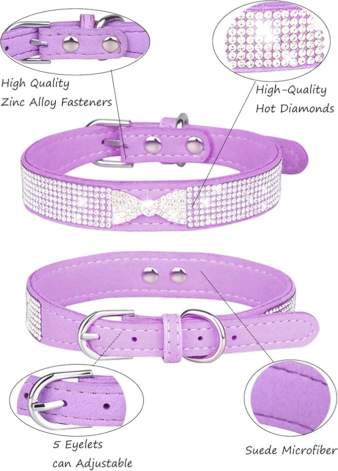 Dog Collar for Small Dogs, Adjustable Leather Suede Bling Dog Collars，Pink Dog Collar Cat Collar, Rhinestone Dog Collar (S, purple4)