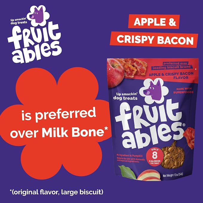 Fruitables Baked Dog Treats, Healthy Pumpkin Treat for Dogs, Low Calorie & Delicious, Made Without Wheat, Corn and Soy, Made in the USA, Allergy Friendly, Crispy Bacon and Apple Flavor, 20 oz