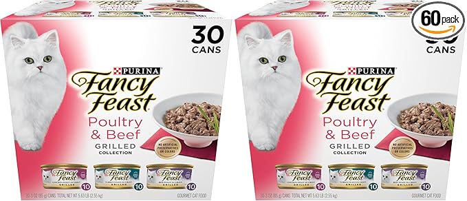 Fancy Feast Purina Grilled Wet Cat Food Poultry and Beef Collection Wet Cat Food VarietyPack - 3 Ounce (Pack of 60)