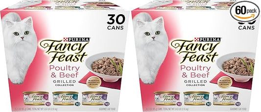 Fancy Feast Purina Grilled Wet Cat Food Poultry and Beef Collection Wet Cat Food VarietyPack - 3 Ounce (Pack of 60)
