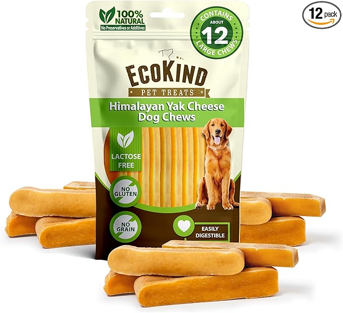 EcoKind Yak Cheese Himalayan Dog Chews, Yak Chews for Large Dogs, Long Lasting Bone for Aggressive Chewers, 3 Ingredient Natural High Protein Treats, No Additives or Lactose, Large - 12+ Chews (3 lbs)