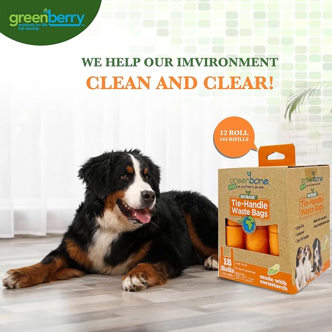Greenbone BioBase Cat or Dog Poop Bags with Handles Tie, 18 Dispenser Rolls - 216 Bags- Large Leak Proof- Pink, Green, Orange, Blue Variety