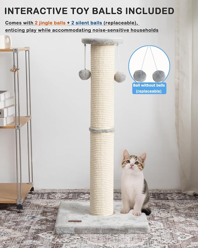 Cat Scratching Post 34 Inches Large Sturdy Cat Post with Sisal Scratcher and Hanging Ball Scratching Post for Indoor Cats Adult Grey