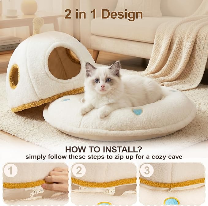 Cat Bed for Indoor Cats - 2 in 1 Large Cat Bed Cave Hideaway with Removable Washable Cushioned Pillow, UFO Cozy Pet Bed for Cats, Kittens & Multi-Cat Families (Up to 25 Lbs)