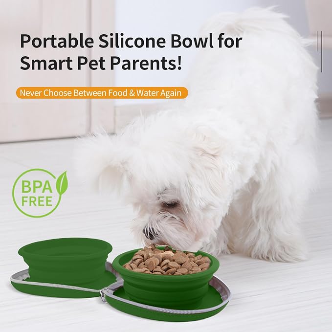 Collapsible Dog Bowls, 2-in-1 Travel Double Bowl Water Food Feeder Portable Pet Traveling Camping & Walking 25oz (Green)