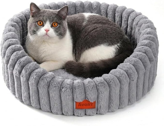 Avont Fluffy Cat Bed for Indoor Cats, Cozy Plush Sleeping Nest for All Sleep Styles, Washable Removable Cushion & Anti-Slip Base, Calming Round Bed for Kittens & Small Dogs – Grey(S)