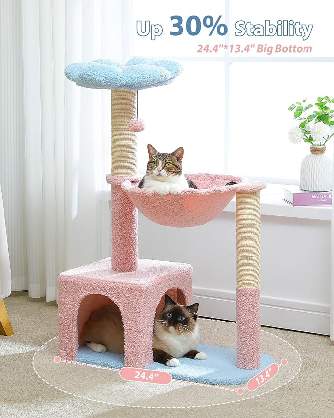 MUTTROS Flower Cat Tree with Large Metal Frame Hammock, 35" Pink Cat Tower with Sisal Scratching Posts for Small Indoor Cats, Cat Condo with Blue Top Perch for Kittens, Fluffy Ball, Pink