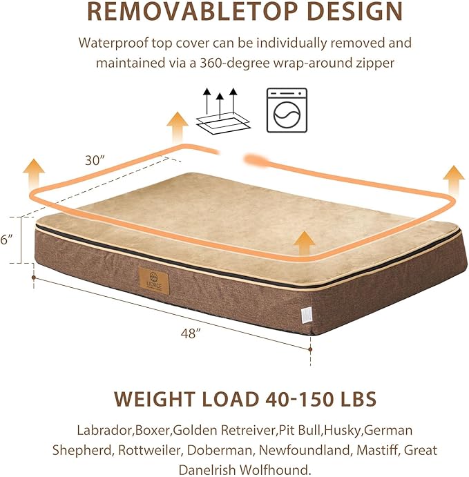 LIORCE Orthopedic Memory Foam XXL Dog Bed - 6" Thick Beds for Extra Large Sized Dog - Waterproof Removable Washable Cover & Wrap-Around Zipper - Ultimate Comfort & Easy Maintenance, Brown
