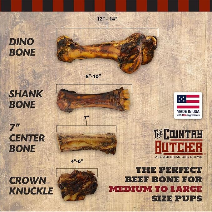 THE COUNTRY BUTCHER 7" Beef Marrow Dog Bones for Aggressive Chewers, Large Breed Dog Treat, Natural, Tough, Chew Toy, Made in the USA, 6 Count
