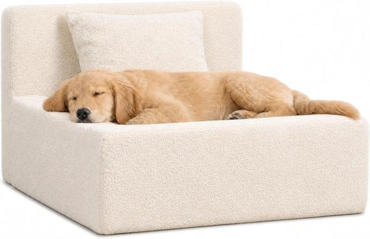 Boucle Dog Bed with Pillow, Furniture Style Dog Couch with Backrest, Washable Calming Pet Sofa Lounge for Small Medium Dogs, Beige