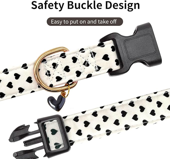 Cotton Dog Collar,Soft and Cute Puppy Collars with Hearts Patterned Design for Girl Female Boy Dogs,Adjustable Buckle Pet Collar for Small Medium Large Dogs (Beige Love Heart, L)