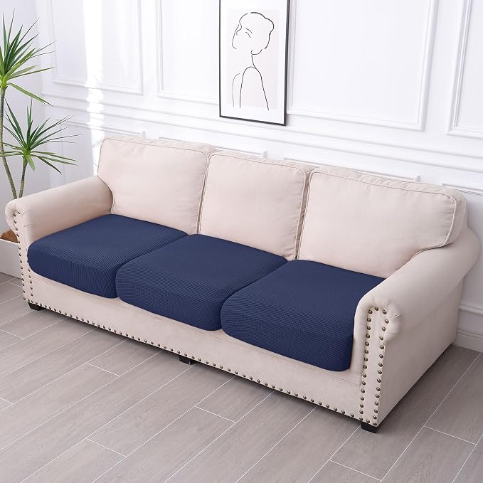 hyha Waterproof Couch Cushion Covers for Pets, Non Slip Sofa Seat Cover for Dogs Washable, Soft Thick Stretch Jacquard Fabric, Sofa Slipcovers with Elastic Bottom (3 Pieces, Navy)