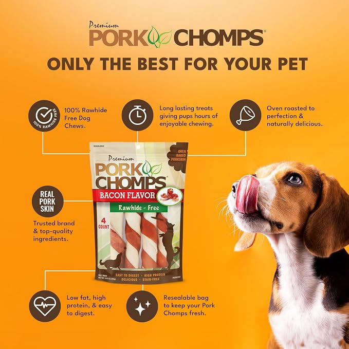 Pork Chomps Baked Pork Skin Dog Chews, 6-inch Twists, Bacon Flavor Wrap, 4 Count (Pack of 2)