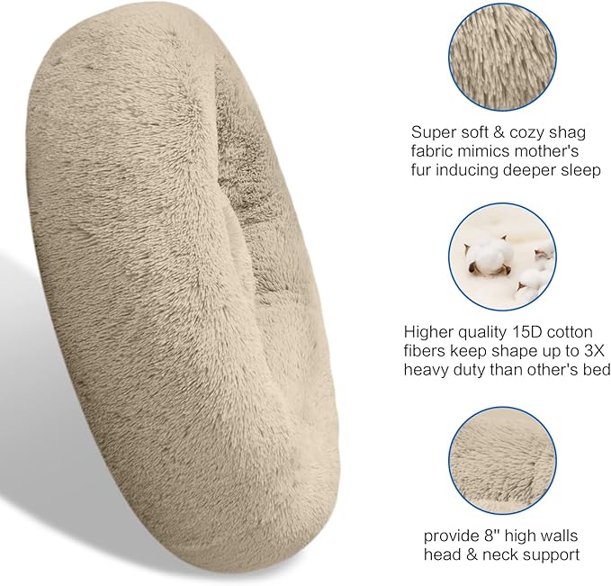 SAVFOX 23 inches Calming Donut Dog Bed - 3X Durable Plush Faux Fur, Machine Washable & Non-Slip, Fits up to 25 lbs, Beige