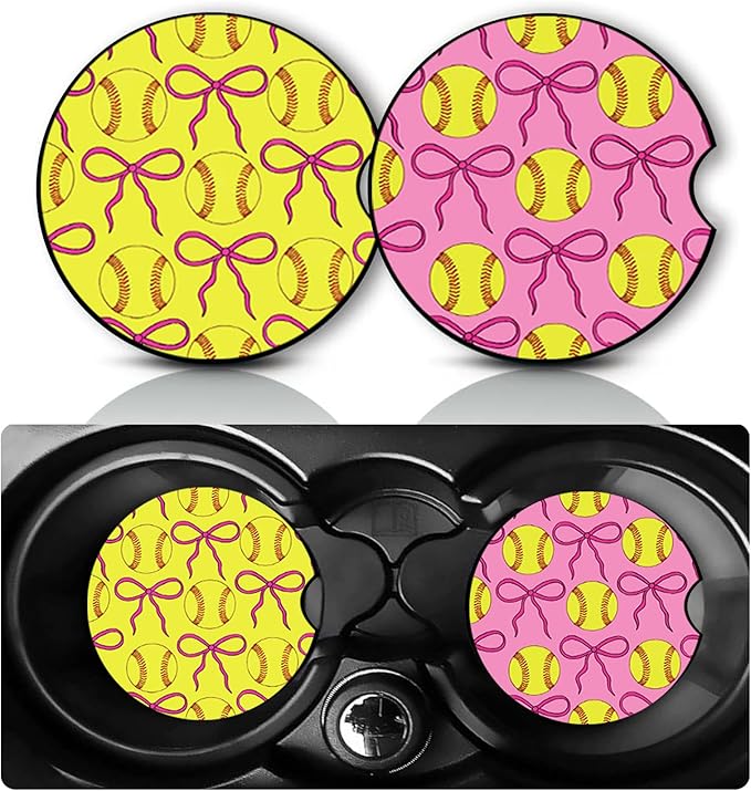 2Pack Softball Car Cup Holder Coaster,Gifts for Softball Player Coach Teen Women Men,Vehicle Interior Drink Mat Reusable Neoprene Car Coasters for Cup Holders Decor,Softballs Auto Accessories