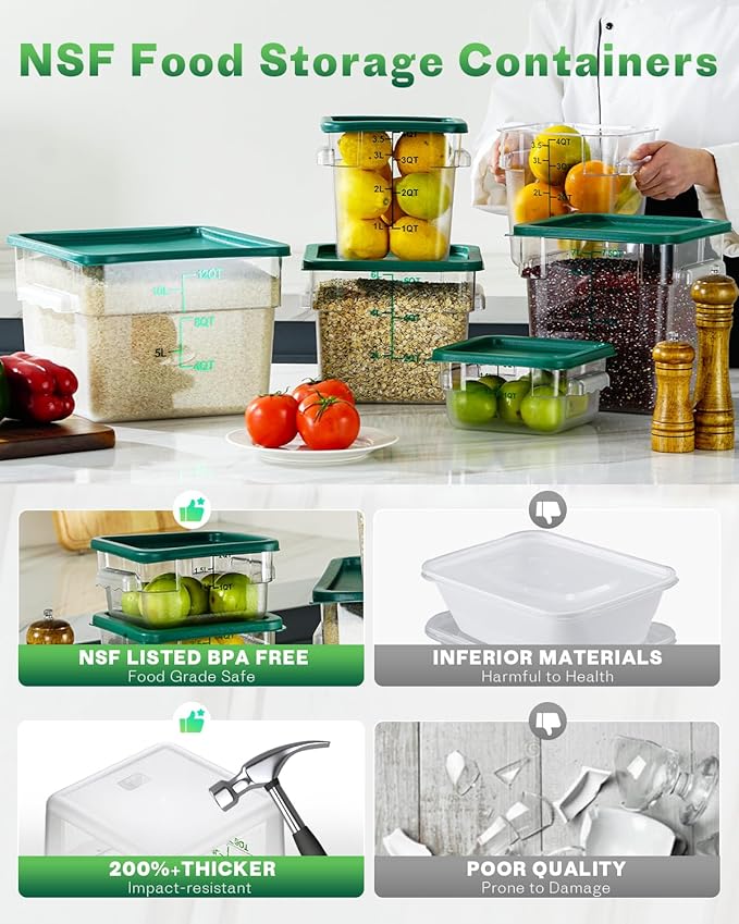 12QT NSF Food Storage Containers: 6PCS [Food Grade][Hot&Cold Resistant] Commercial Clear Food Storage Containers with Lids for Restaurant Kitchen Proof Dough, Measuring Spoons Included(GREEN)