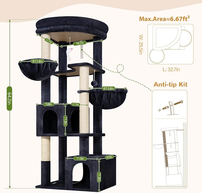 Globlazer 64in Corner Cat Tree for Large Indoor Cats, Space Saving Multi-Level Cat Tower with 2 Condos, 2 Hammocks, 4 Sisal Scratching Posts, C64, Dark Grey