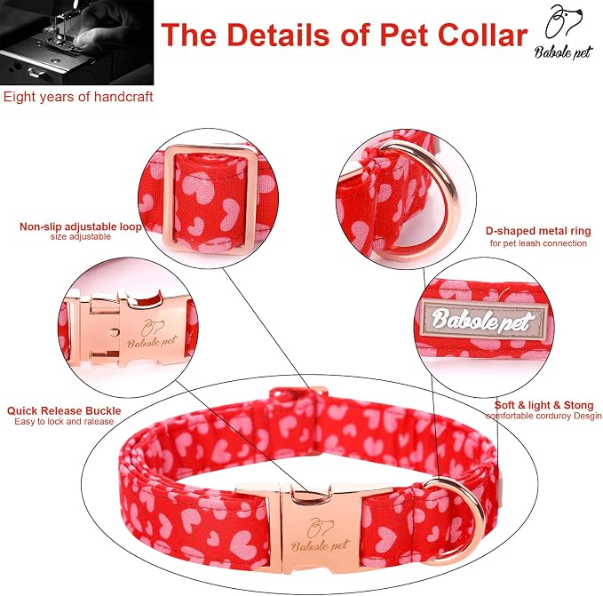 Valentines Dog Collar, Red Pink Heart Valentine Pet Collar with Metal Buckle, Durable Adjustable Holiday Dog Collars for Small Medium Large Dogs XS