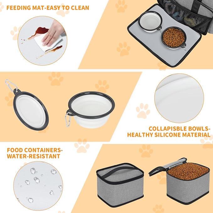 TORIBIO Dog Travel Bag,Large Pet Travel Bag for Supplies with 2 Food Container and Collapsible Bowls,Dog Travel Supplies Organizer Kit for Weekend,Road Trips,Camping