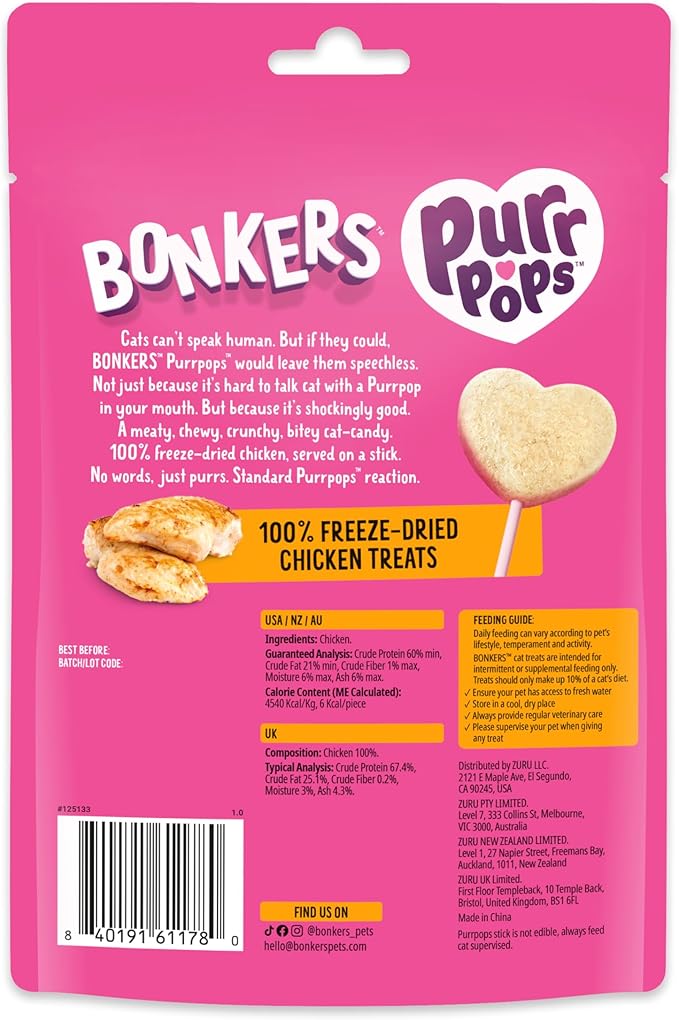 Bonkers Purrpops Freeze-Dried Chicken Flavored Lollipop Treats for Cats, 15 Pack