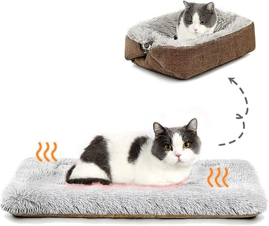 Self Warming Cat Bed, Foldable Self Heated Cat Mat Extra Warm Thermal Heating Pet Pad 24 x 20 inch for Indoor Outdoor Cats, Non-Slip Bottom Washable Non Electric Brown